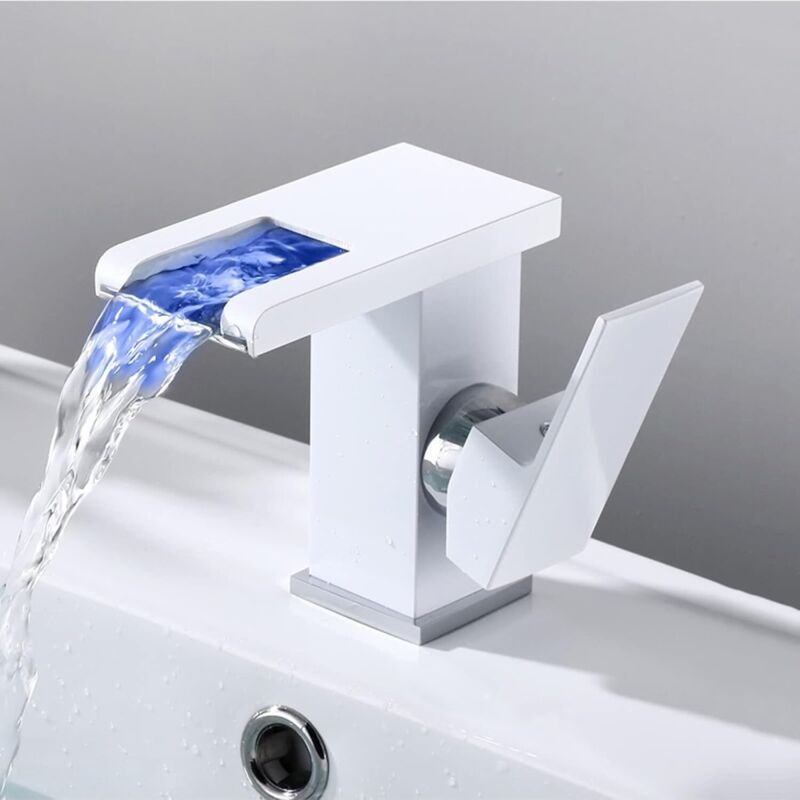 Waschbeckenarmatur Mit Led-wasserfalleffekt, Einhebelmischer, Rgb-farbwechsel Durch Wasserfluss, Weiß
