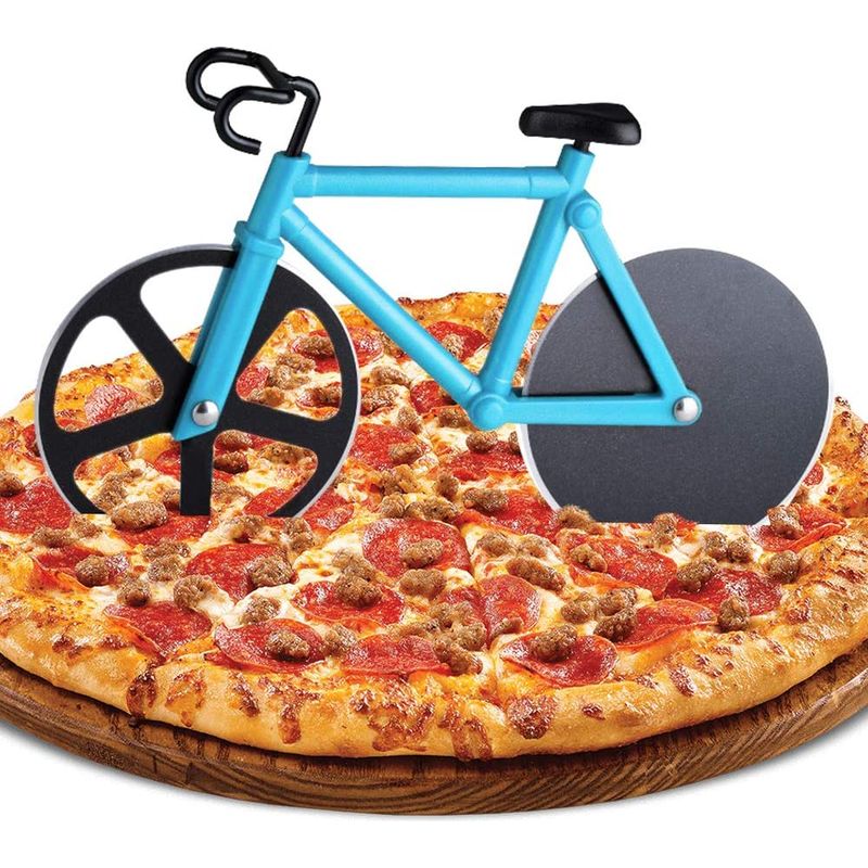 Fahrrad-pizzaschneider, Pizzaschneider Aus Edelstahl, Lustiger Pizzaroller Mit Antihaftbeschichtung, Doppel-pizzaschneider Mit Scharfem Rad Und Ständer Als Geschenk Für Weihnachtsfeiern (blau)
