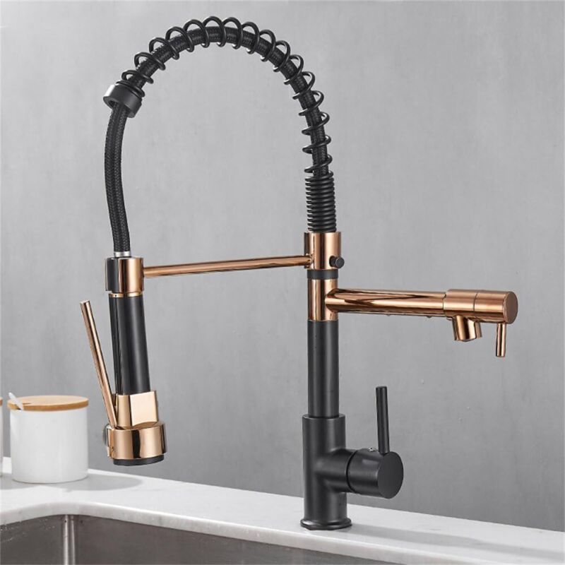 Schwarze Küchenarmatur, Schwarz-roségoldene, Federbelastete Küchenarmatur, Spültischarmatur, Mischbatterie Für Warm- Und Kaltwasser, Küchenarmatur