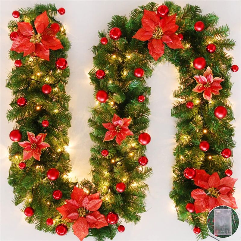 Dekorative Weihnachtsgirlande Mit Led-lichtern, 2,7 M Langes, Dekoriertes Rattan (batteriebetrieben) Für Kamin, Treppe, Fenster, Weihnachtsbaum, Weihnachtsfeier, Heimdekoration (rot)
