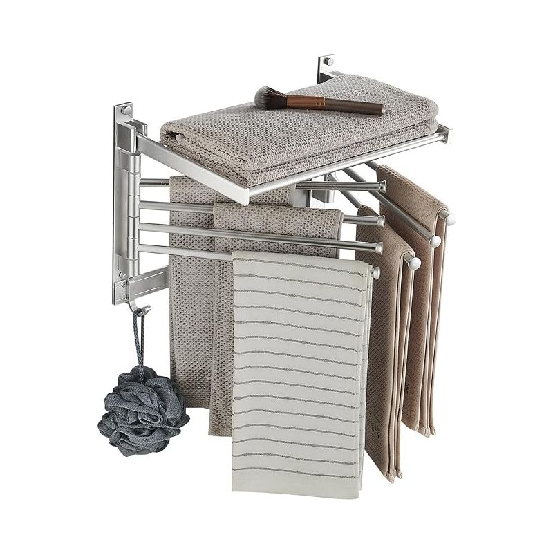Schwenkbarer, Wandmontierter Handtuchhalter Aus Aluminium – Bewegliche Haken Und 90°-ablage – Kein Bohren Erforderlich – Platzsparend Für Waschküche Und Badezimmer (40 Cm, 7 Stangen, Weiß)