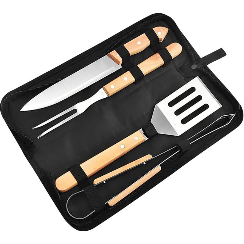 Grillbesteck, 4-teiliges Grillbesteck-set Aus Edelstahl, Grillzubehör, Grillwerkzeug-set Mit Holzgriff Und Tragetasche, Geschenk Für Männer