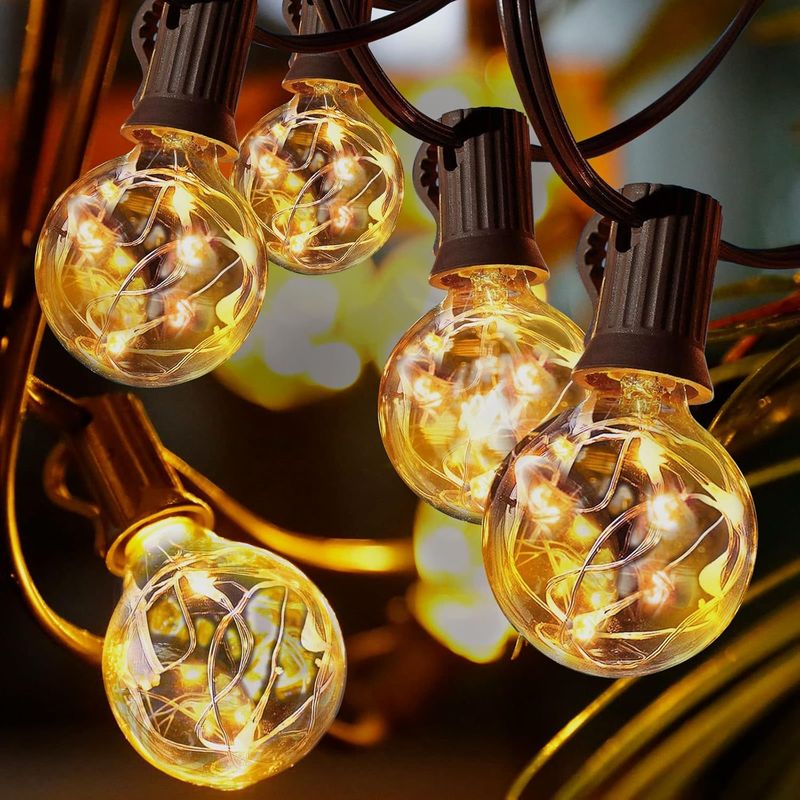Lichterkette Für Den Außenbereich, 9,5 M, Für Garten Und Balkon, 25 G40-fassungen, Warmweiß, Batteriebetrieben, Mit Fernbedienung.