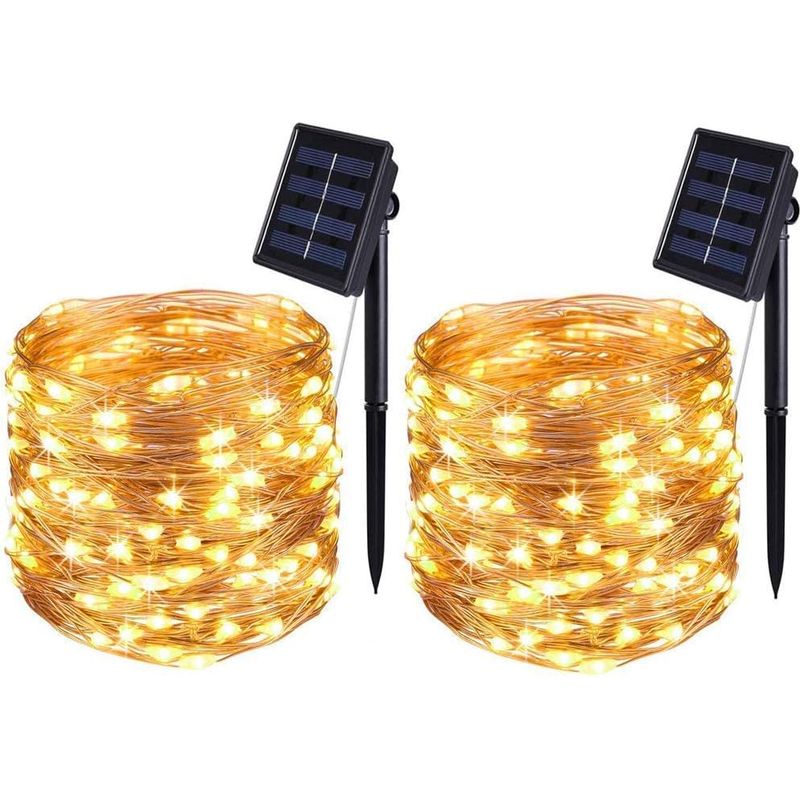 Solar-lichterkette, 32 M, 300 Leds, 8 Modi, Wasserdichter Kupferdraht, Für Schlafzimmer, Garten, Terrasse, Party, Weihnachtsdekoration (warmweiß, 2er-pack)