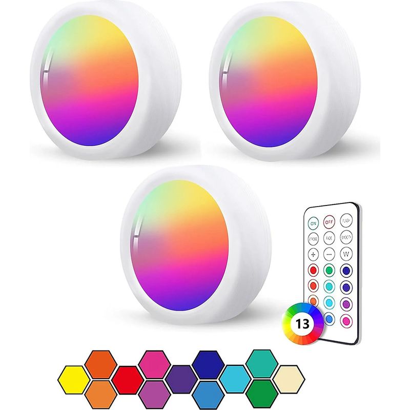 Nachtlicht, Kabellose Fernbedienung, 13 Rgb-farben, Batteriebetriebener Strahler Für Den Kleiderschrank Im Schlafzimmer – Weiß. Inklusive 1 Fernbedienung Und 3 Lampen.