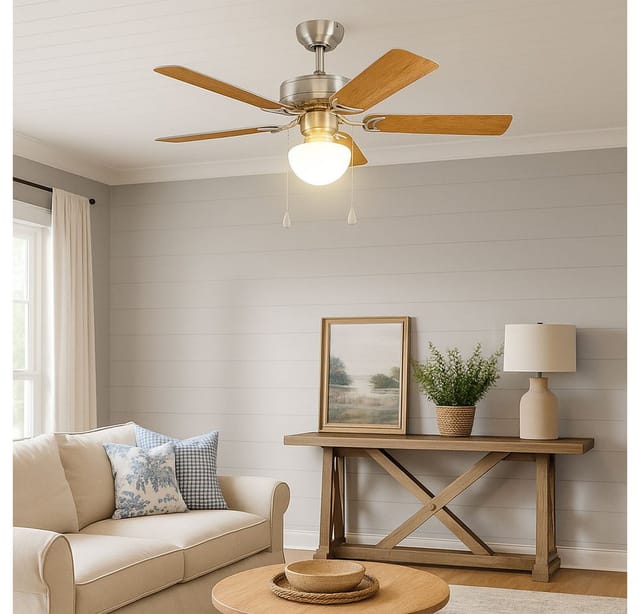 Deckenventilator cadiz, 5 Flügel Ventilator mit Licht, Zugkette, Wendeflügel aus mdf in Silber oder Eiche, Gehäuse aus Stahl in Nickel-Matt, Sommer