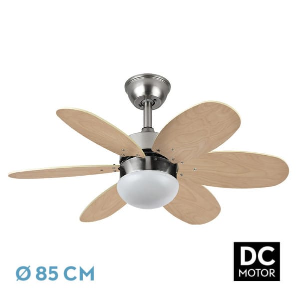 Fabrilamp - Ventilator dc 6 Flügel, Farbe weiß und Buche, 41x85 cm, Fernbedienung, Timer, ideal zum Kühlen von Räumen und zur Regulierung der
