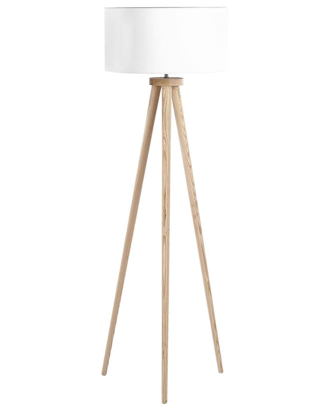 Stehlampe Weiß Holz 140 cm Dreibeinig runder Stoffschirm langes Kabel mit Schalter Modernes Design