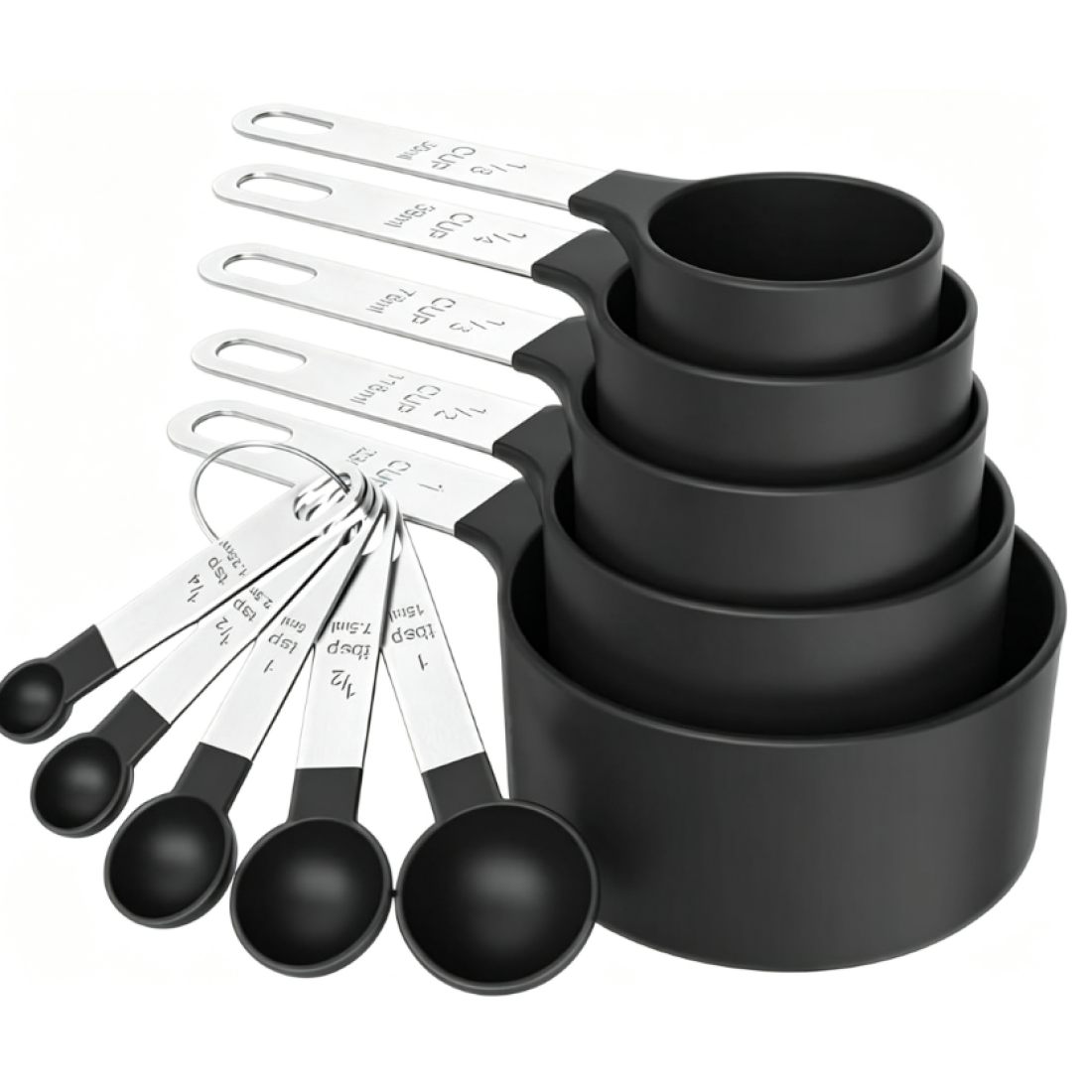 10-teiliges Messbecher- Und Löffelset, Schwarzer Edelstahl, Stapelbar, Für Küche Und Backen