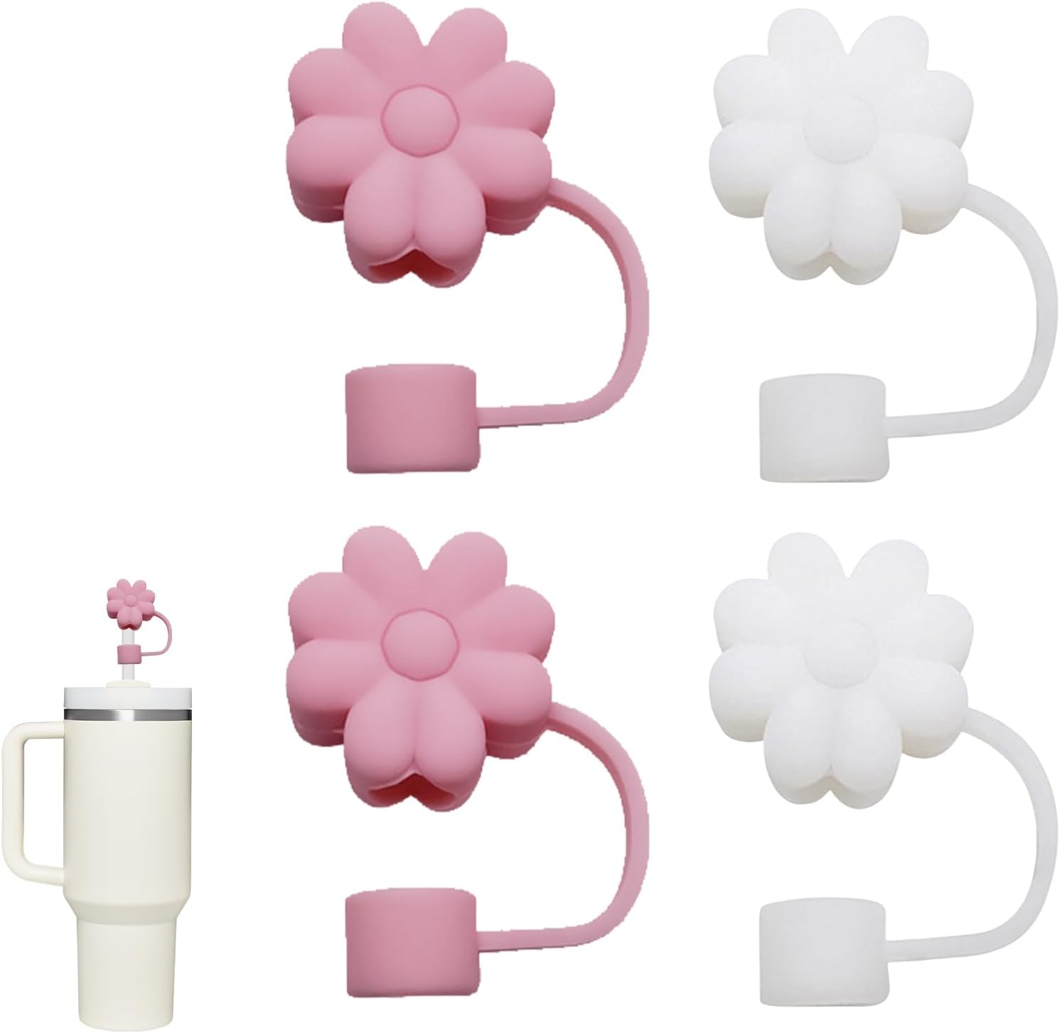 Set Mit 4 Strohhalmverschlüssen – Weiße Pfirsichblüten (2) + Rosa Pfirsichblüten (2)