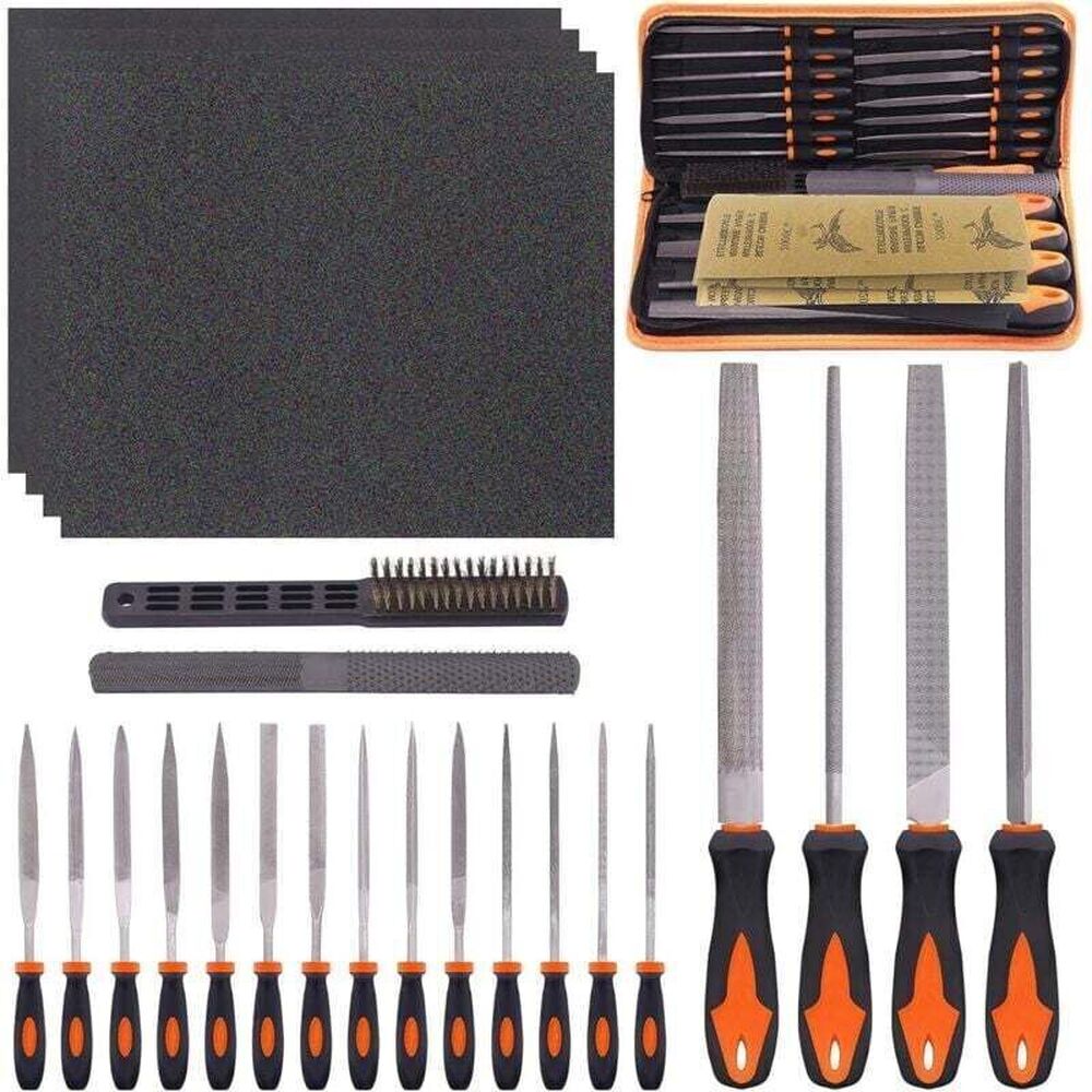 Set Mit 25 Metallhandfeilen, Darunter 4 Große Flachfeilen, Dreieckfeilen, Halbrundfeilen, 12 Nadelfeilen, 1 Bürste Und 4 Kleine Feilen.