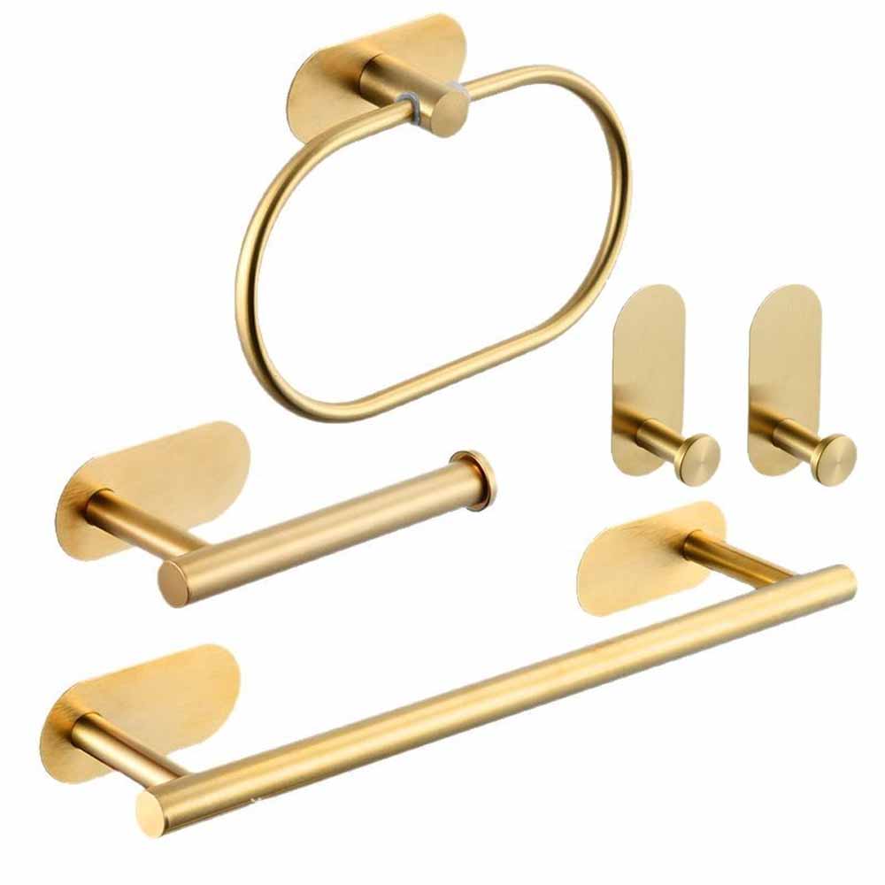 5-teiliges Handtuchhalter-set, Toilettenpapierhalter, Ring, 2 Selbstklebende Edelstahl-badezimmerhaken, Wandmontage, Küche (gold)