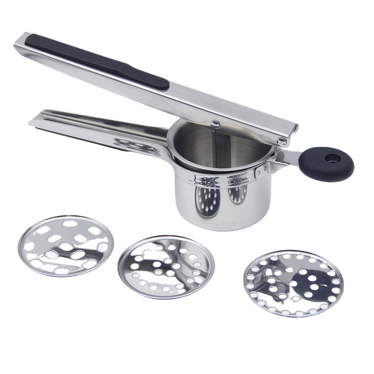 Kartoffelstampfer Aus Edelstahl – Professioneller Manueller Kartoffelstampfer Mit 3 Austauschbaren Scheiben – Ergonomisches Design – Silber