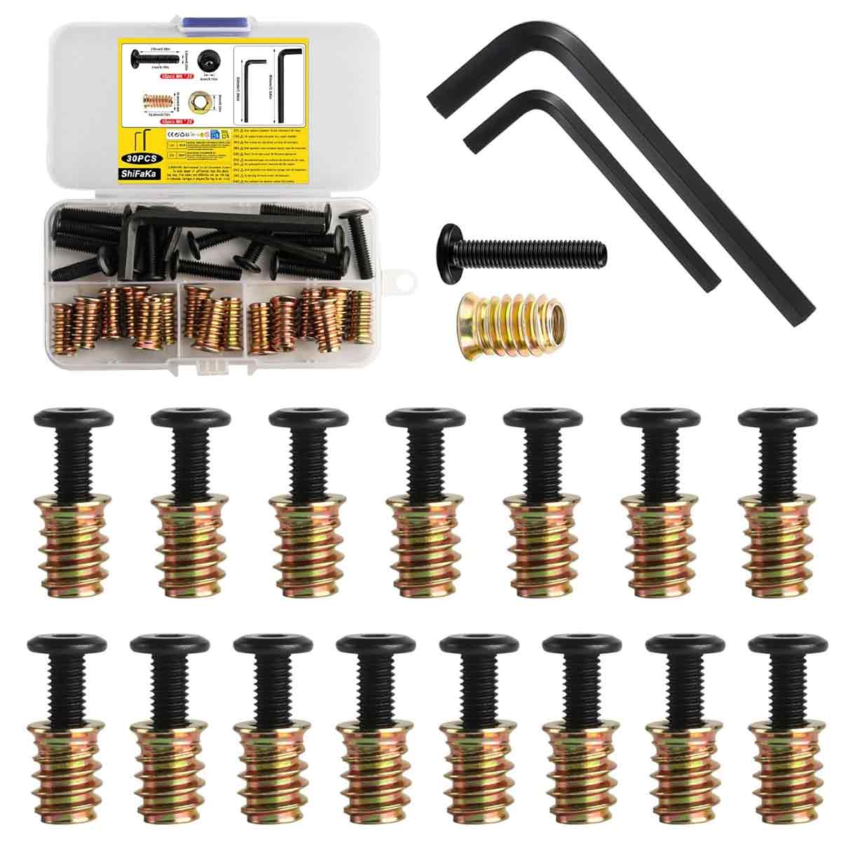 30-teiliges Set Aus Metall-gewindeeinsätzen: 15 M6 X 20 Mm Holz-gewindeeinsätze Und 15 M6 X 25 Mm Möbelverbindungsschrauben, Schraubenmuttern Und Hülsen Für Holzmöbel, Inklusive 2 Schraubenschlüsseln