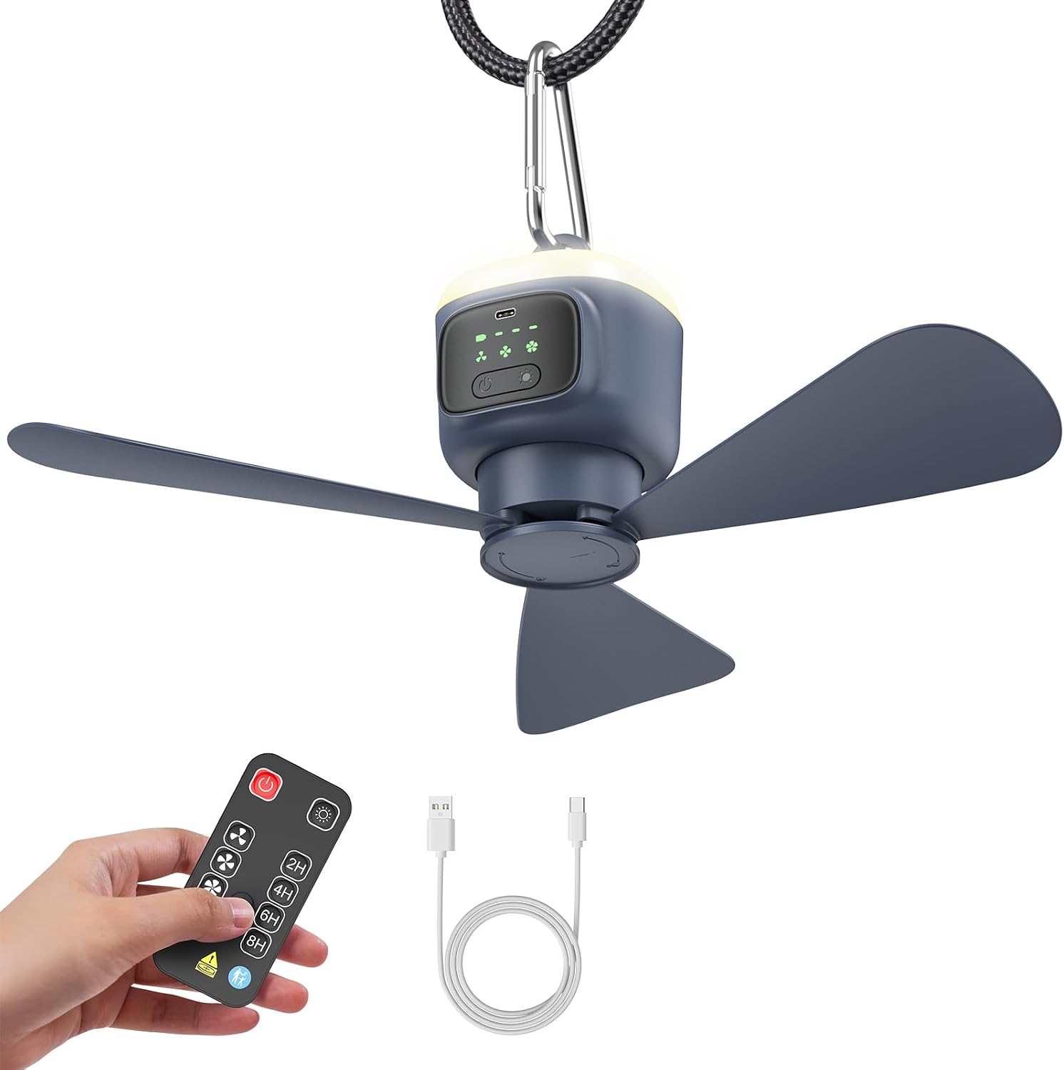 Tragbarer Campingventilator (12000 Mah), Integrierte Led-leuchte, 4 Geschwindigkeitsstufen Und 2-8-stunden-timer, Für Zelt, Wohnwagen Und Schlafzimmer