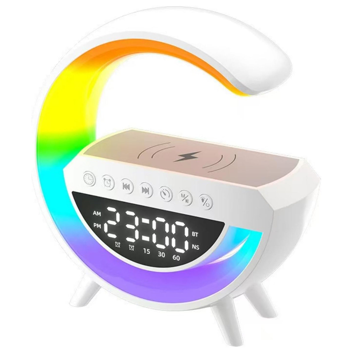 4-in-1-nachttischlampe – Kabelloses Laden, Bluetooth, Wecker, Stimmungsbeleuchtung, Smart