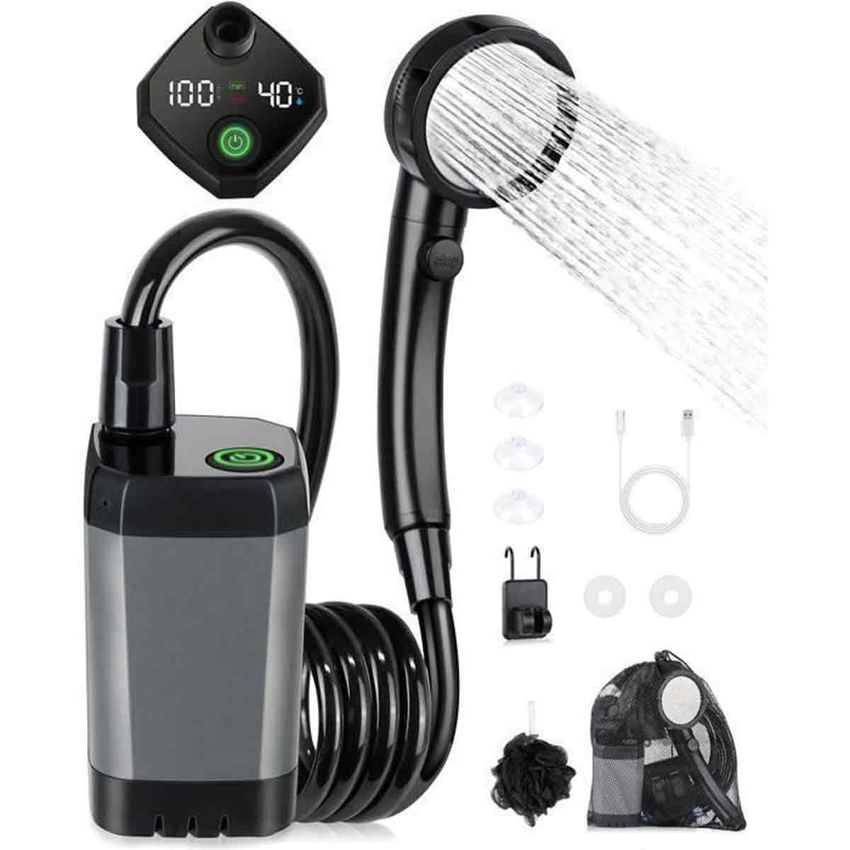 Camping-duschset, Tragbare Elektrische Pumpe Mit Smart-display, 4 Sprühmodi, Für Wandern Und Outdoor-aktivitäten