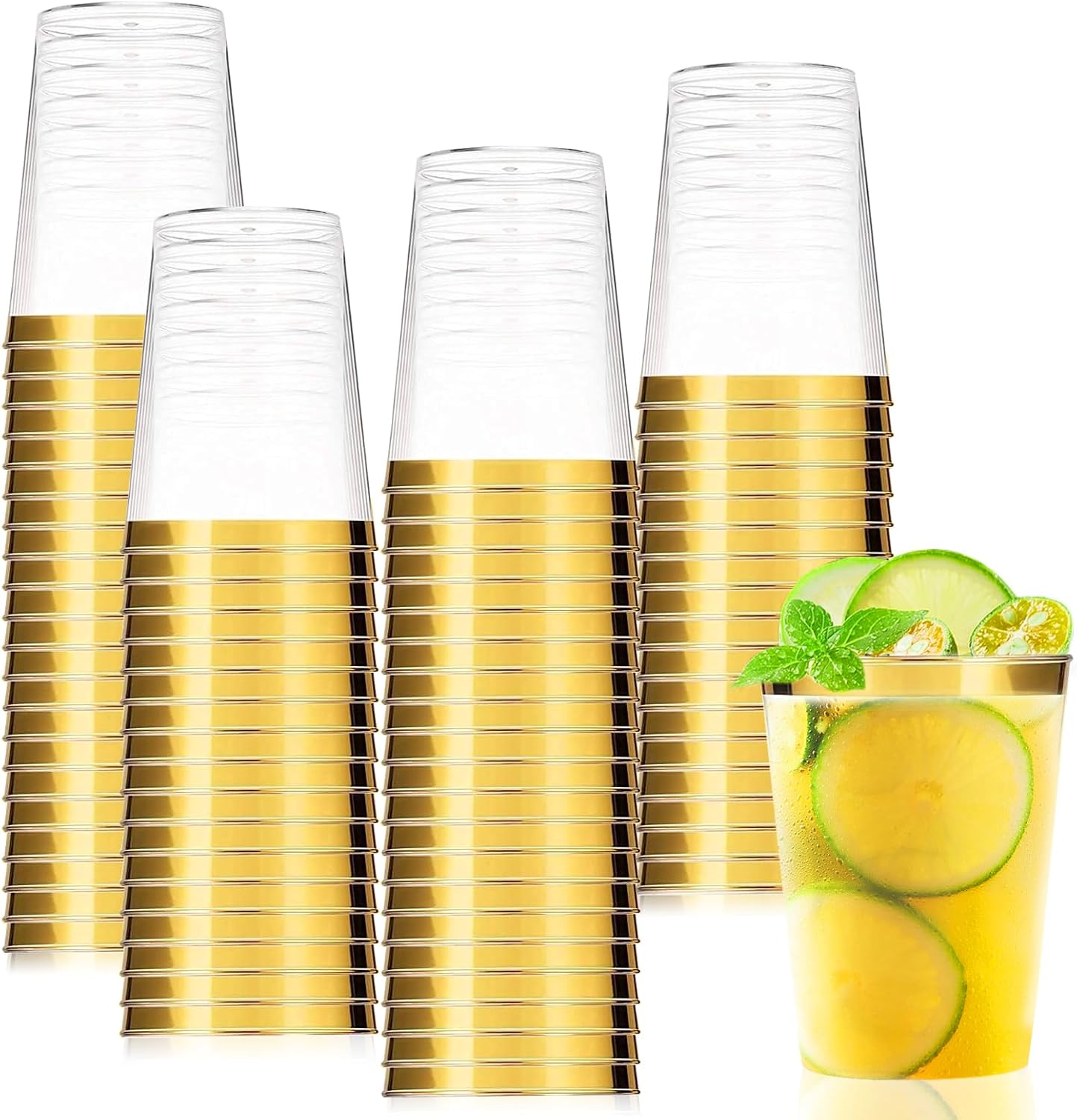 Set Mit 50 Wiederverwendbaren, Stabilen Bechern Mit Goldrand, 280 Ml Fassungsvermögen, Für Partys, Hochzeiten Und Cocktails.