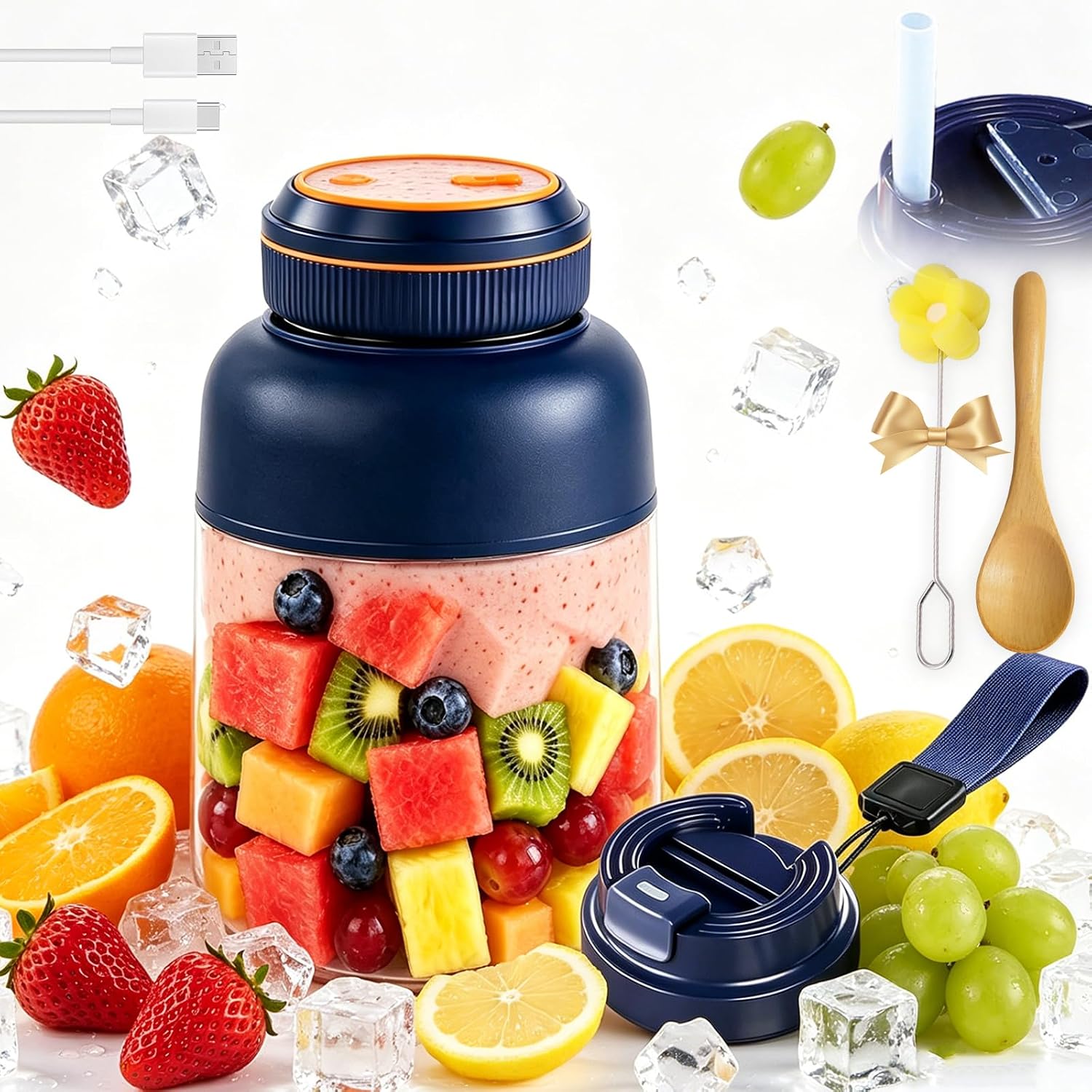 1300-ml-akku-standmixer, 6 Edelstahlklingen, Usb-aufladbarer Mixer Für Smoothies, Säfte Und Gemüse, Inklusive Reiseflasche
