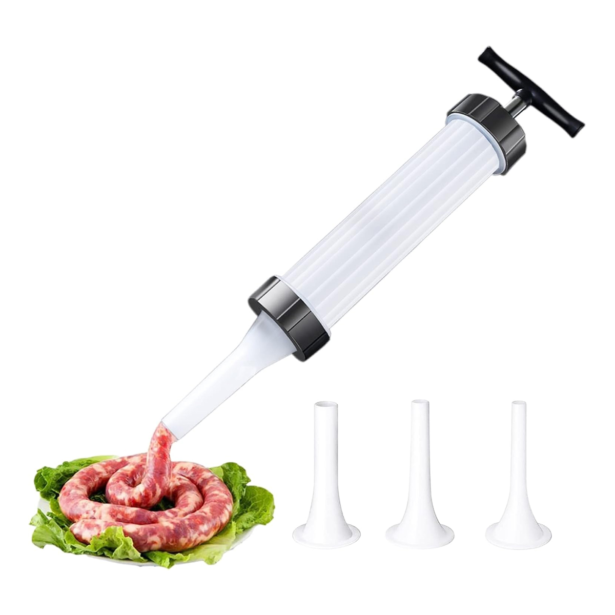 Wurstfüllmaschine Mit Stopfer Und Drei Trichterrohren Für Die Einfache, Hygienische Und Effiziente Zubereitung Von Hausgemachtem Fleisch.