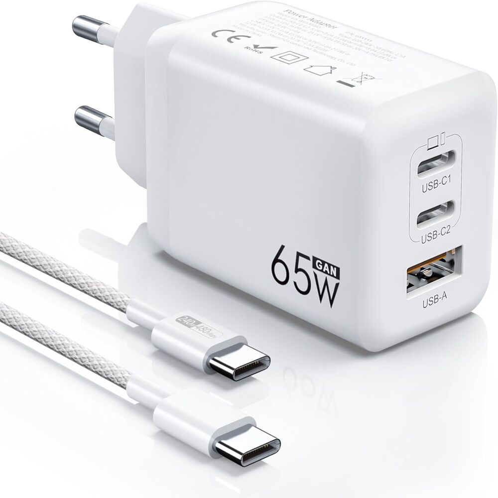 65-w-usb-c-ladegerät, Gan Iii 3-port, Pd3.0 Pps-schnellladung, 1,8 M Kabel Im Lieferumfang Enthalten, Für Macbook, Iphone, Samsung