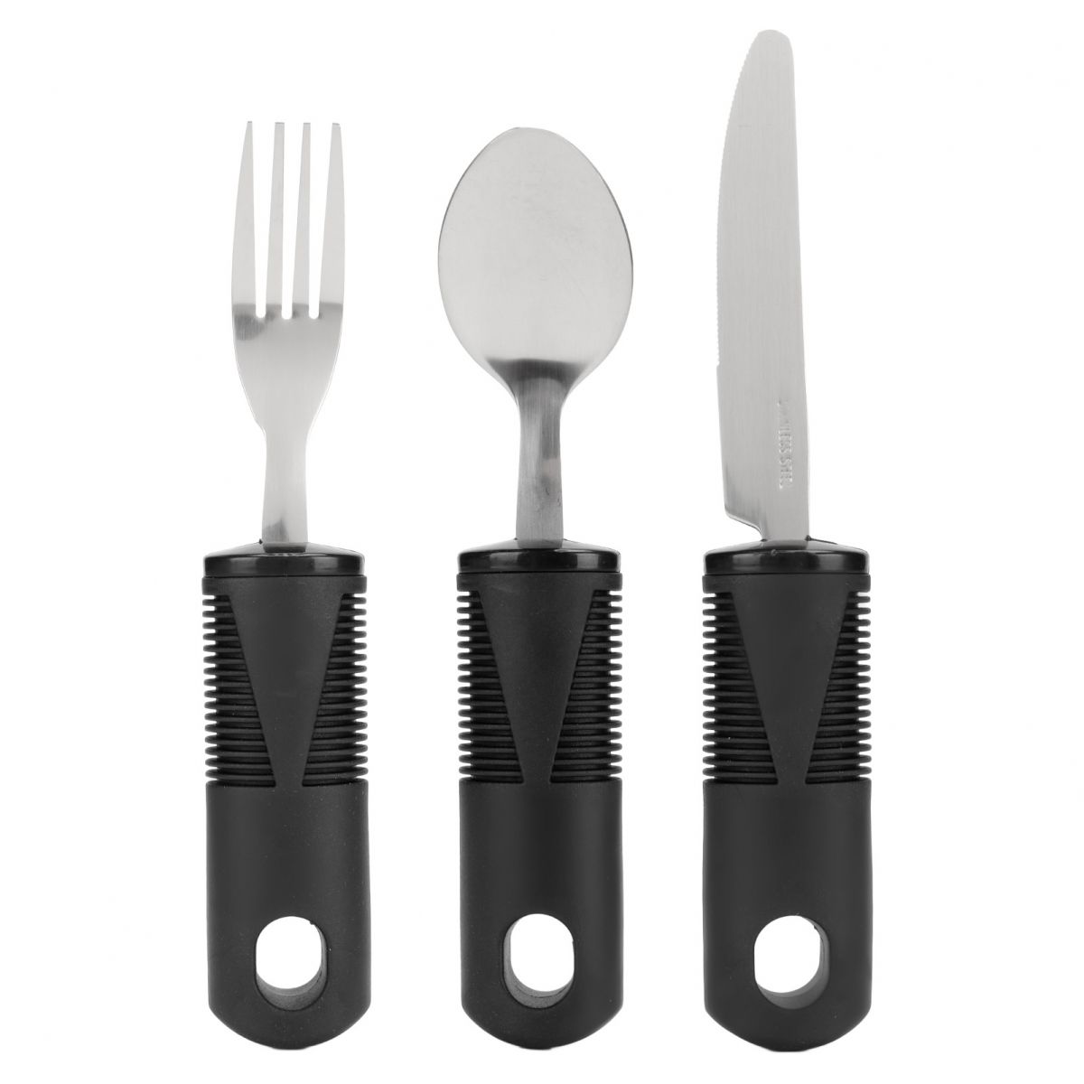 Set Aus 3 Angepassten Edelstahl-essbestecken Mit Breiten, Gewichteten Und Zitterfreien Gummigriffen Für Ältere Menschen Mit Parkinson-krankheit