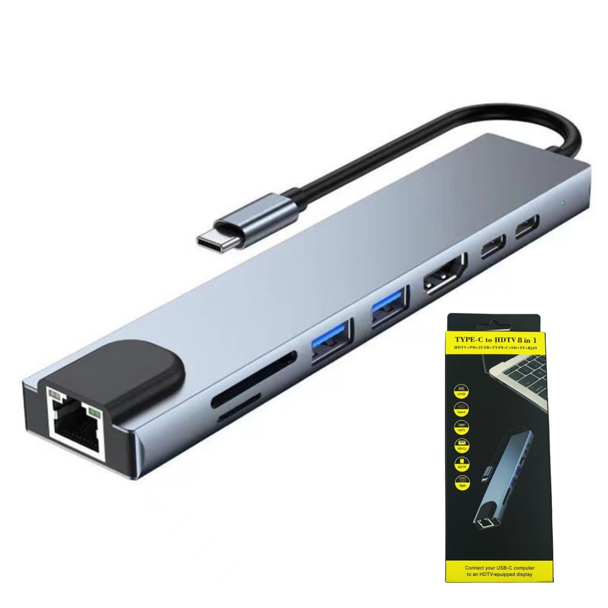 8-in-1 Usb-c-hub, 4k Hdmi, 2 Usb 3.0-anschlüsse, 100-w-pd-schnellladefunktion, Sd/tf-kartenleser, Gigabit-ethernet, Multiport-adapter