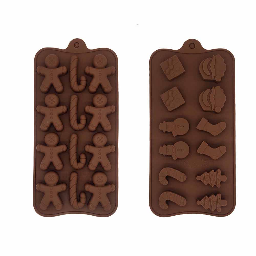 Set Mit 2 Silikon-weihnachtsformen Für Schokolade, Gelee Und Geschmolzenes Wachs In Form Von Schneemännern, Strümpfen, Weihnachtsmann, Weihnachtsbäumen Und Lebkuchen