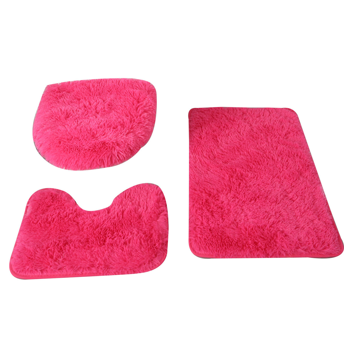 3-teiliges Set Aus Ultraweichen Und Rutschfesten Badematten, Bestehend Aus Einer Flauschigen, Saugfähigen Badematte, Einer U-förmigen Matte Und Einem Wc-sitzbezug, In Leuchtendem Pink.