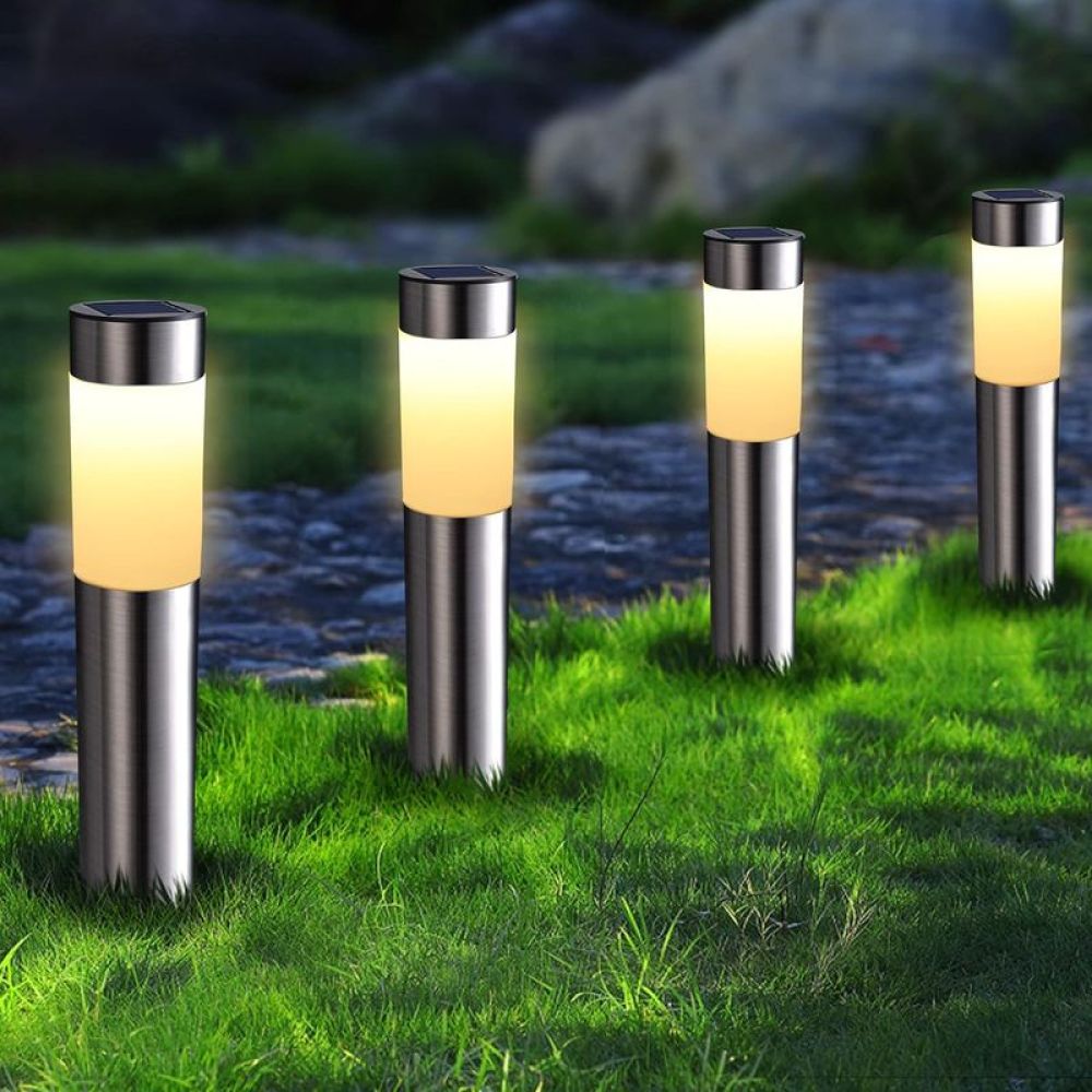Set Mit 4 Solar-außenleuchten, Edelstahl, Für Einfahrt Und Garten, Wasserdicht, Warmweißes Licht, Zylindrisch, Mit Schalter