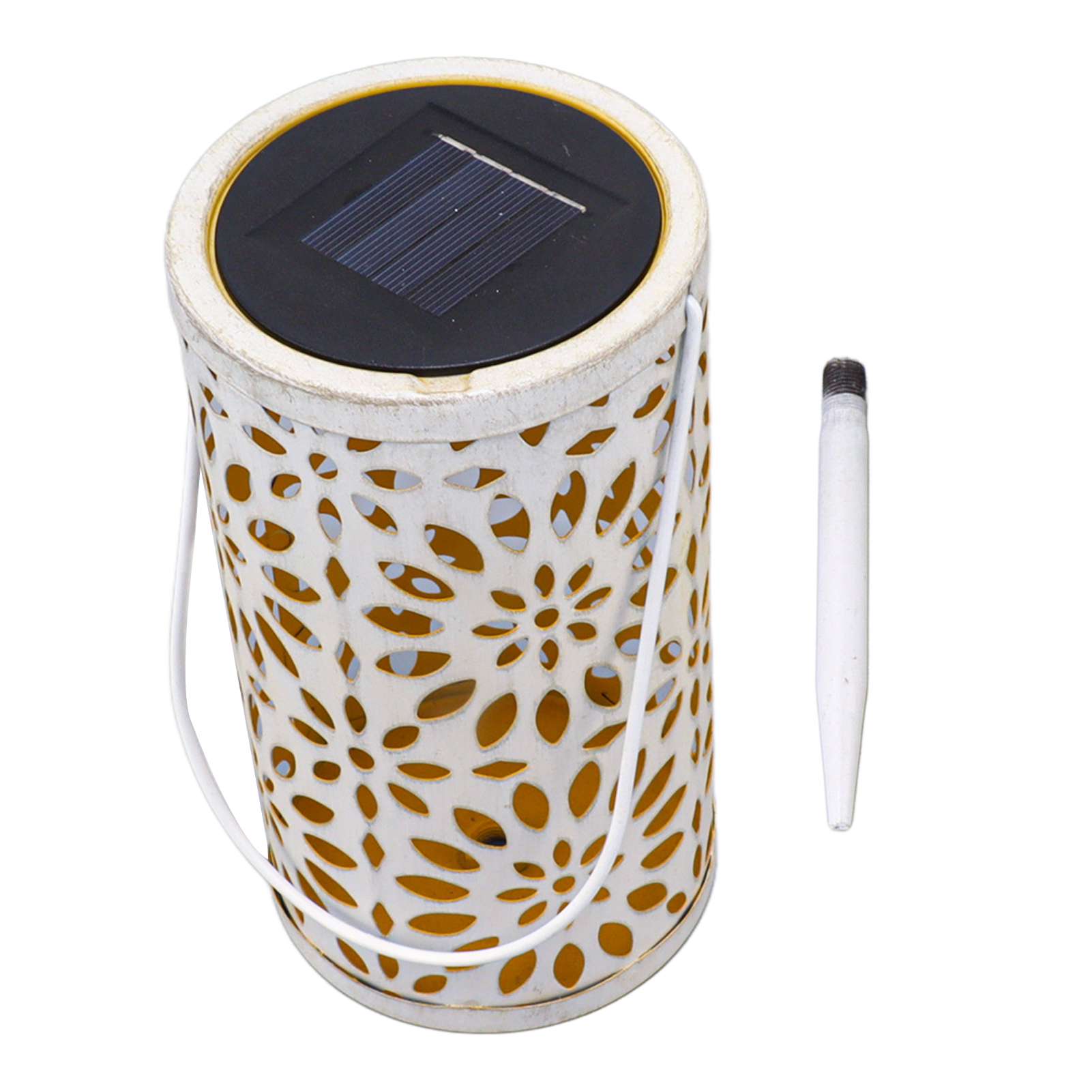 Solarbetriebene, Zylinderförmige Lampe Mit Ausgehöhltem Blumendesign Zur Dekoration Von Gartenwegen Und Terrassen.