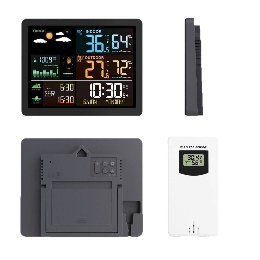 Newentor Drahtlose Wetterstation, Drahtloses Innen-/außenthermometer, Farbdisplay, Digitales Thermometer Mit Atomuhr, Luftdruckanzeige, Wettervorhersage Und Hintergrundbeleuchtung