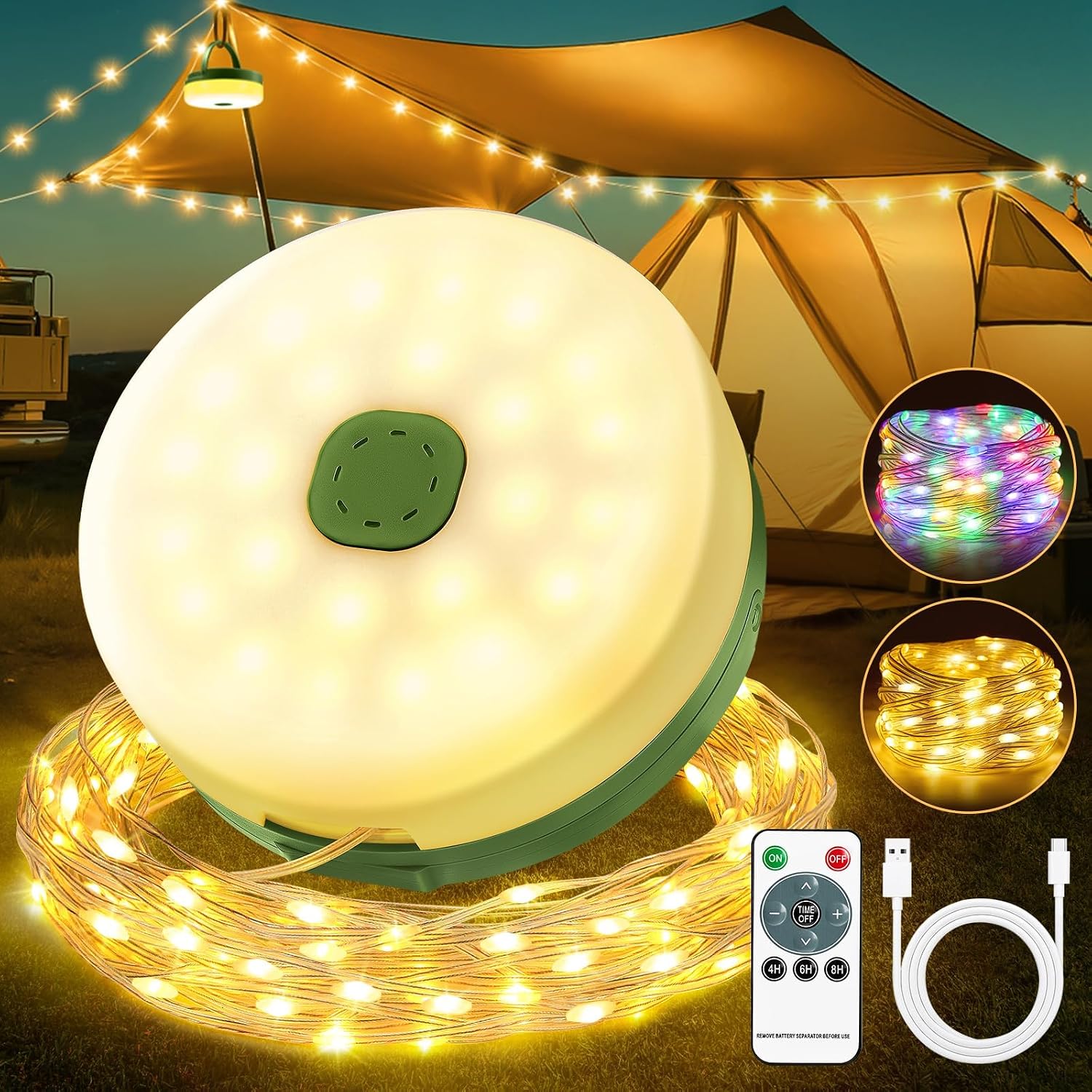 10 M Lange, Einziehbare Camping-lichterkette, Usb-wiederaufladbare Campinglampe, 2500 Mah, 9 Beleuchtungsmodi, Ipx4 Wasserdicht Für Zelte