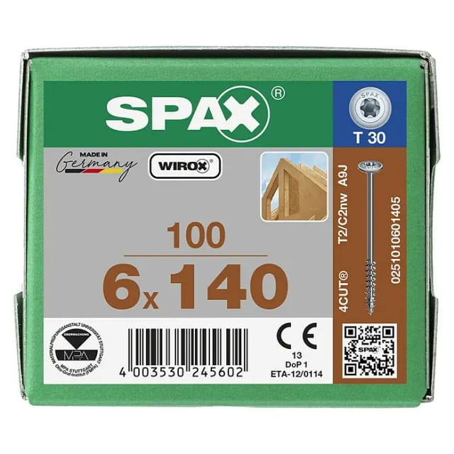 Banyo - spax hi.force, 6 x 140 mm, 100 Stück, Teilgewinde, Tellerkopf, t-star plus T30, 4CUT, wirox - 0251010601405