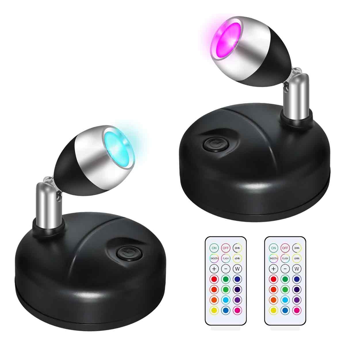 Batteriebetriebene Led-strahler Mit Fernbedienung, Kleine Innenstrahler, 12 Rgb + Weißlicht Für Schaufenster, Kunststatuen, Pflanzenbeleuchtung, Wohnwagen (schwarz, 2er-pack)