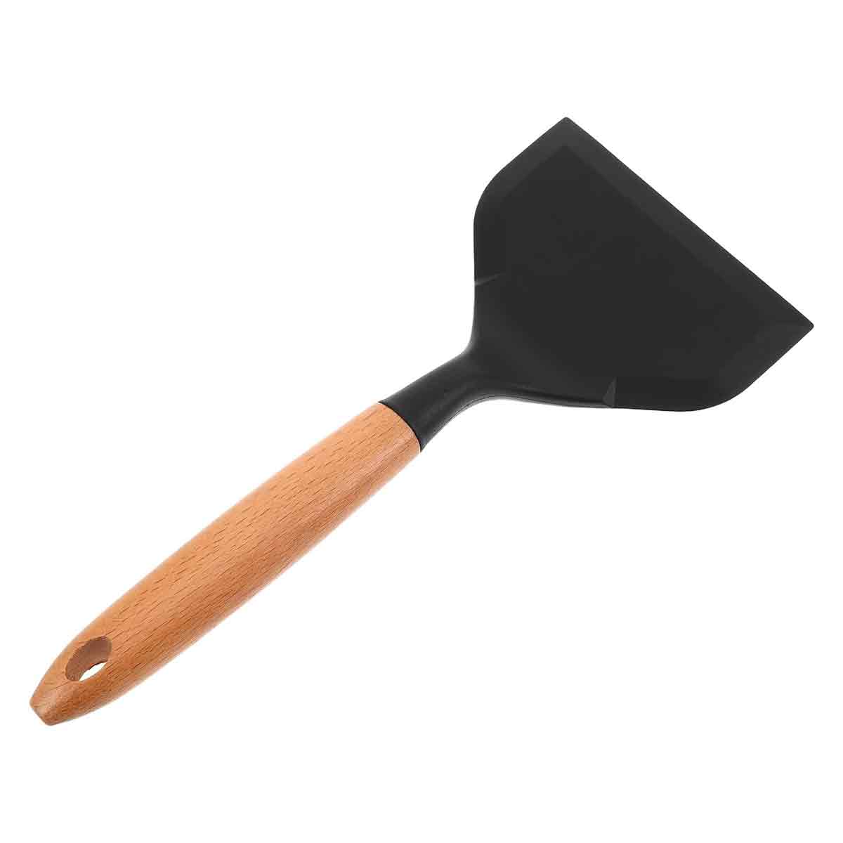 Schwarzer Silikonspatel Mit Breitem Holzgriff, Antihaftbeschichtet Und Hitzebeständig, Für Woks, Bratpfannen Oder Zum Servieren.