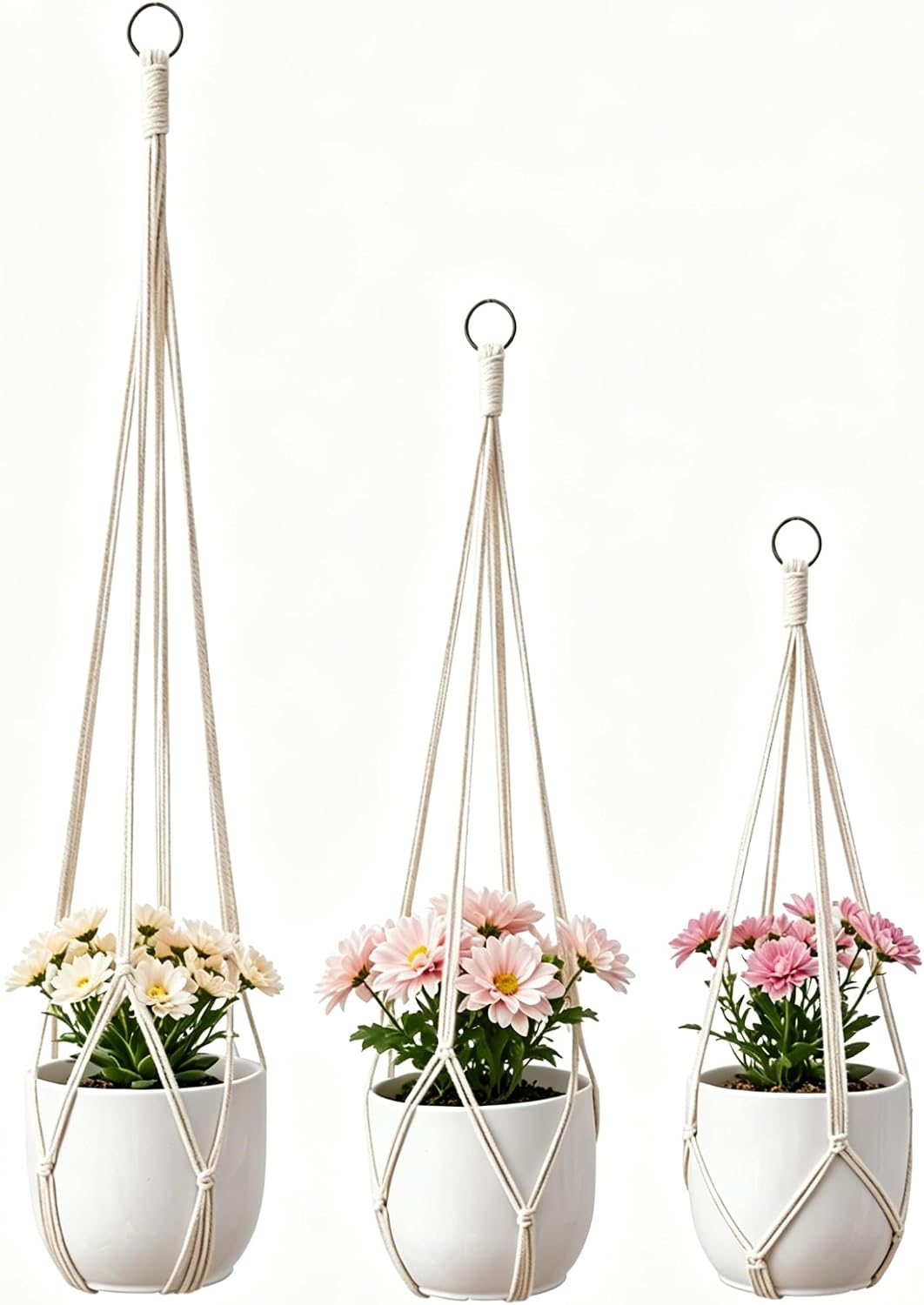 3er-set Gewebte Pflanzenampeln, Inklusive S-haken, Boho-stil, Weiß/elfenbein