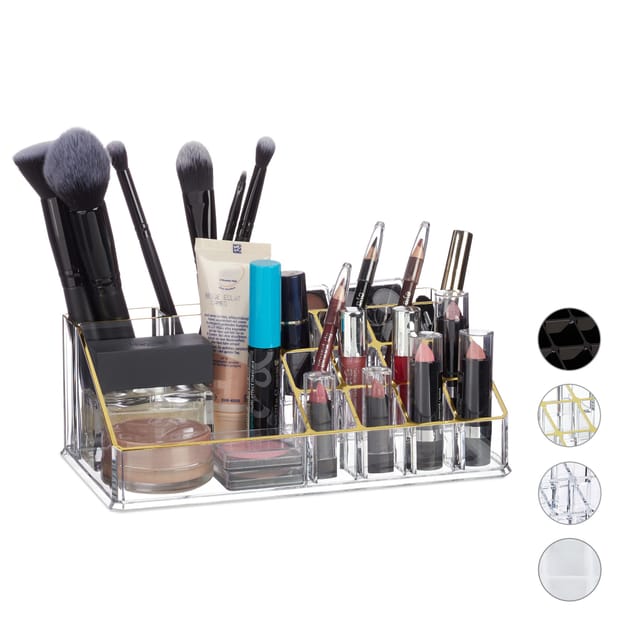 Kosmetik-Organizer Acryl, Make Up Organizer mit 16 Fächern für Schminke & Lippenstift-Halter, transparent/gold - Relaxdays