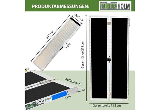 Trutzholm ® - trutzholm Rollstuhlrampe klappbar 213 cm Traglast 272 kg Alu grau schwarz beschichtet Auffahrrampe