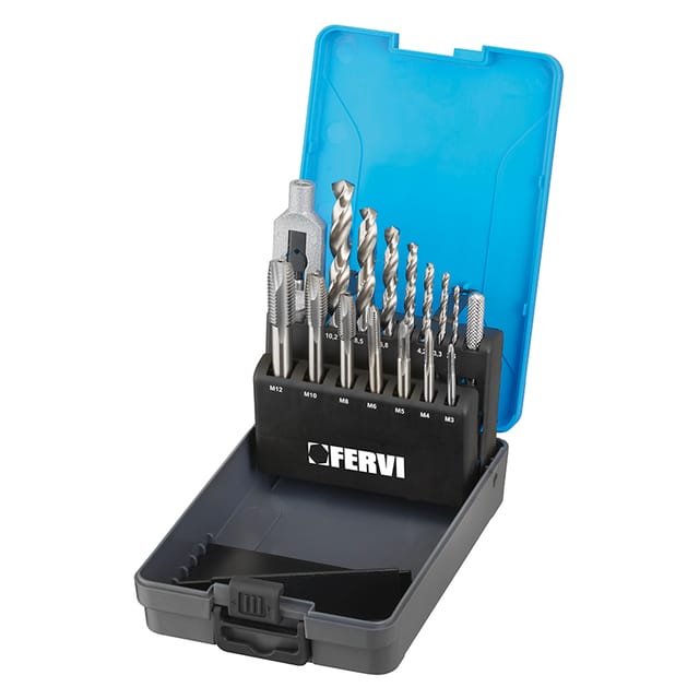 Satz Gewindebohrer und Bohrer im Karton mit 15 Stuck Fervi m015s