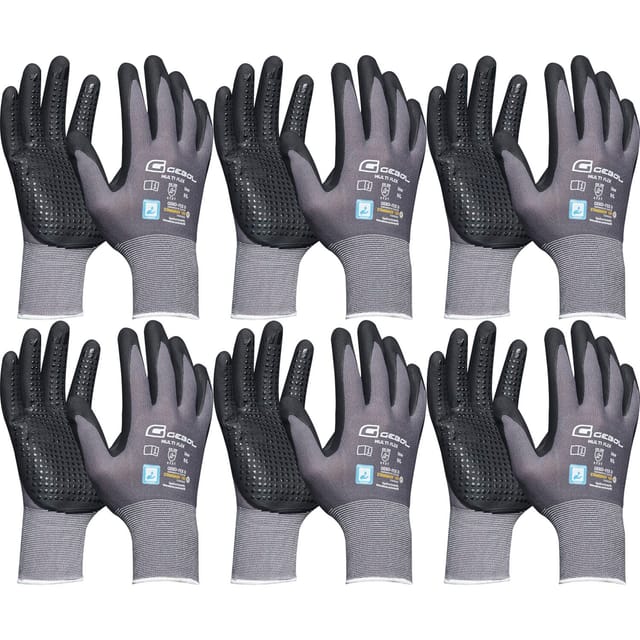 Handschuhe mit Noppen - Montagehandschuhe Gr 9 - Gebol Arbeitshandschuhe Multiflex robust und atmungsaktiv - 6 Paar - Vasalat
