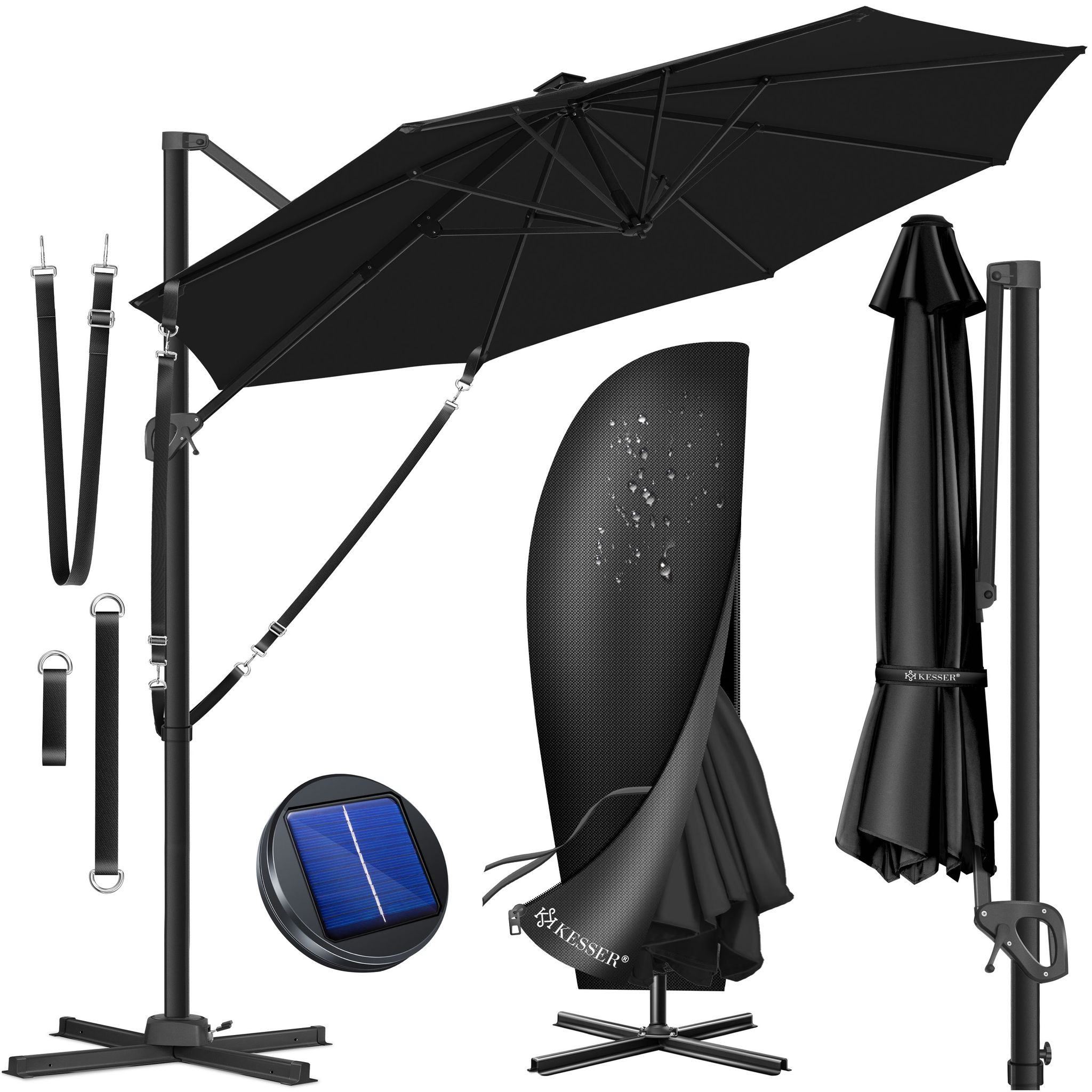 Kesser® Sonnenschirm Ampelschirm Sun Rund Xl Ø330 Cm Inkl. Abdeckung + Windsicherung 7-fach Verstellbar Drehbar Neigbar Kippbar Groß 360° Drehbar Schwarz / Ohne Led