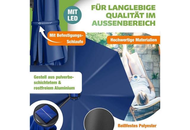 Kesser® Sonnenschirm Ampelschirm Sun Rund Xl Ø330 Cm Inkl. Abdeckung + Windsicherung 7-fach Verstellbar Drehbar Neigbar Kippbar Groß 360° Drehbar Navyblau / Mit Led