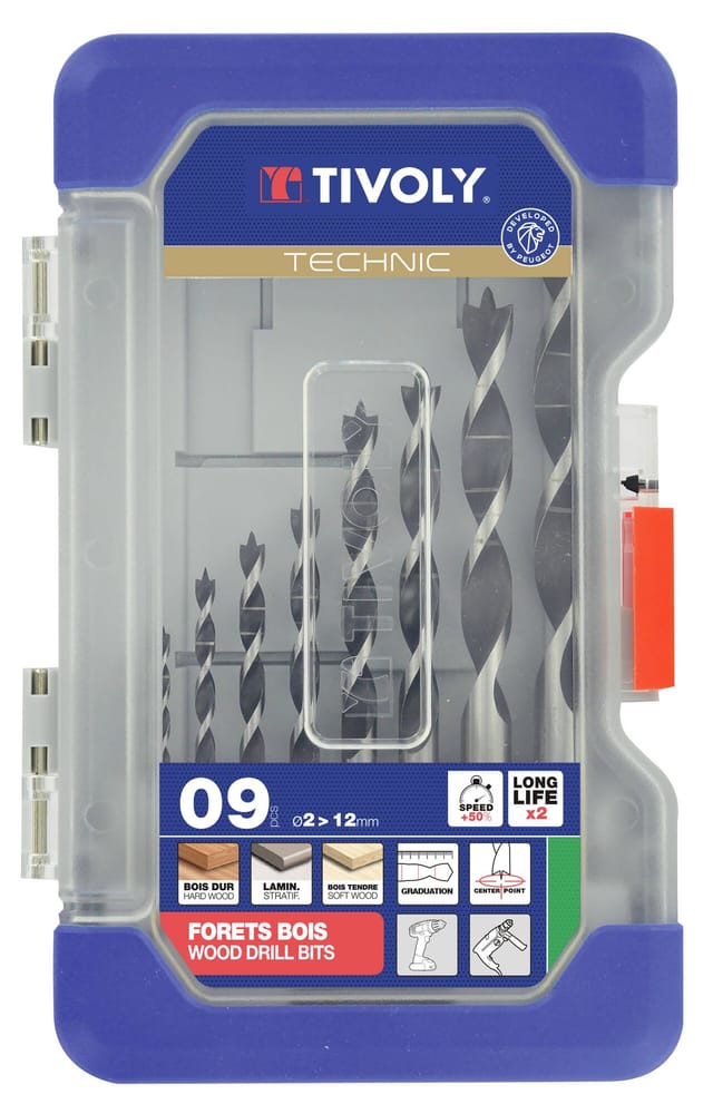 Box mit 9 Holzbohrern mit 3 abgestuften Spitzen slr ø 2 bis 12 mm - Tivoly