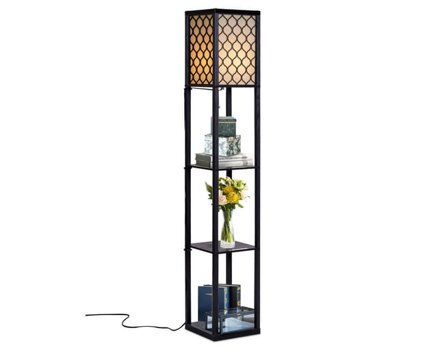 160x26x26cm Stehleuchte Regal, Standleuchte Holz, E27 Stehlampe, Moderne Innenbeleuchtung mit 3-Ebenen, Bodenlampe fuer Schlafzimmer - Costway