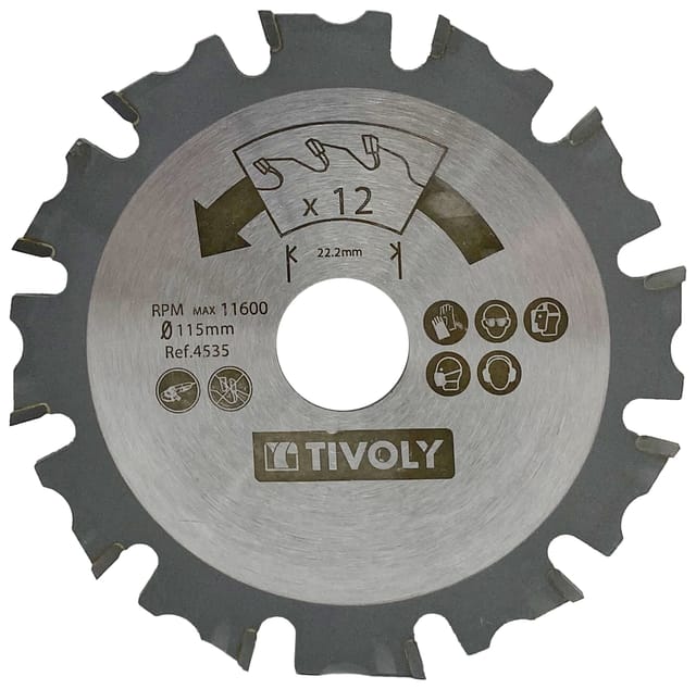 Tivoly - 1 Sägeblatt D115 mm, Bohrung 22,22 mm, 12 Hartmetallzähne für Schleifmaschine zum Schneiden aller Holzarten