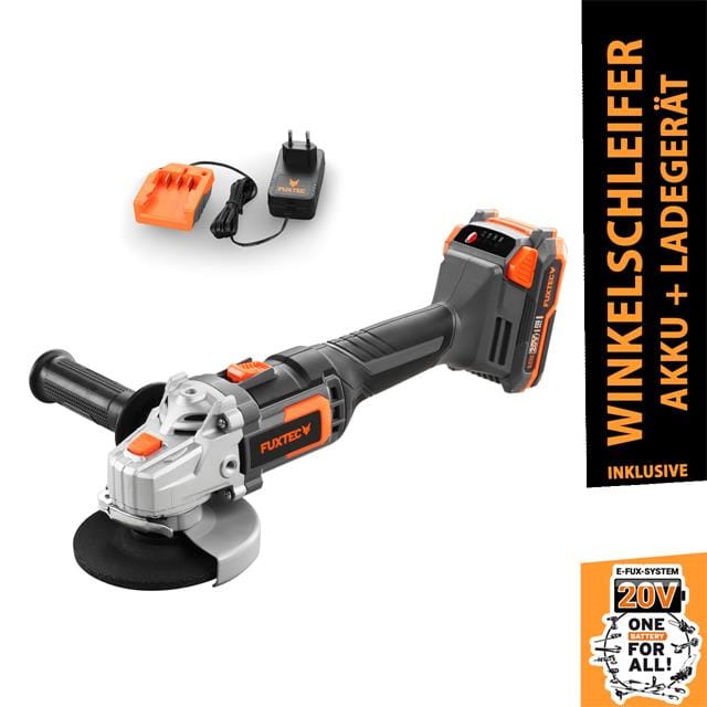 Fuxtec - Akku Winkelschleifer 20V E1WS20 – inklusive 2Ah-Akku und 1A Ladegerät – Kabellos, mit Seitengriff - Scheibendurchmesser: 115mm, max.