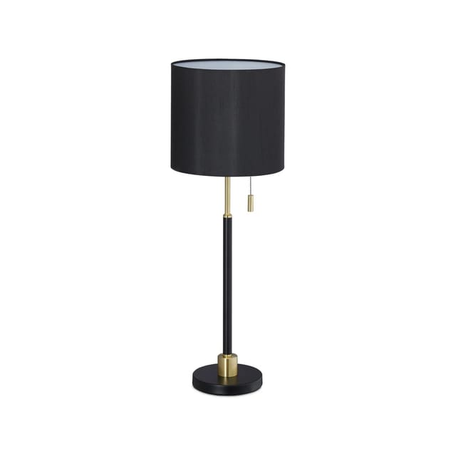 Relaxdays Tischlampe mit Zugschalter, elegante Nachttischlampe mit Stoffschirm, E27 Fassung, HD 69 x 24 cm, schwarz-gold