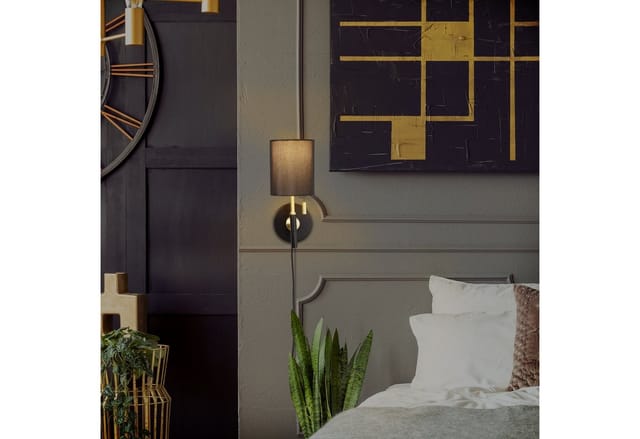 Wandleuchte, runder Stoffschirm, Zugschalter, Kabel mit Stecker, Wandlampe hbt: 32 x 13 x 18 cm, schwarz-gold - Relaxdays