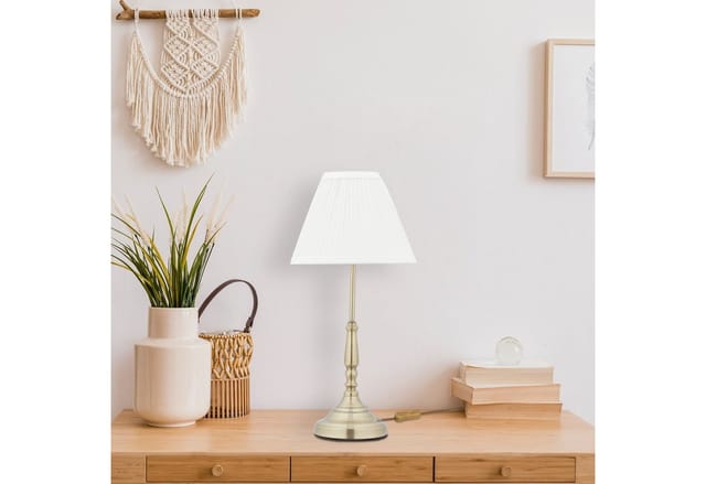 Tischlampe, Stoffschirm, Vintage, E14, Wohn- & Schlafzimmer, Nachttischlampe, Metall, hd 43 x 21 cm, weiß/gold - Relaxdays